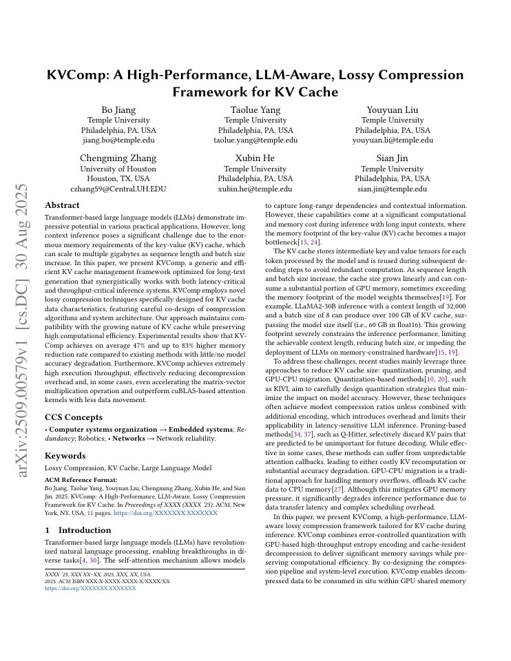 First page of KVComp: A High-Performance, LLM-Aware, Lossy Compression Framework for KV Cache