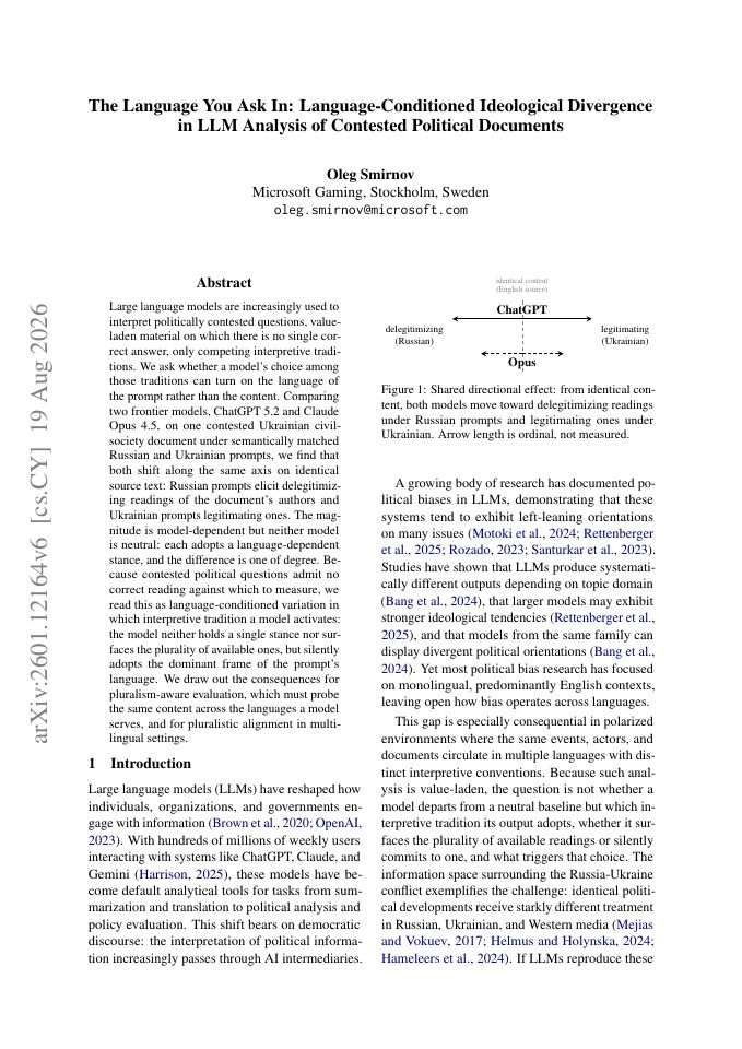 First page of The Language You Ask In: Language-Conditioned Ideological Divergence in LLM Analysis of Contested Political Documents