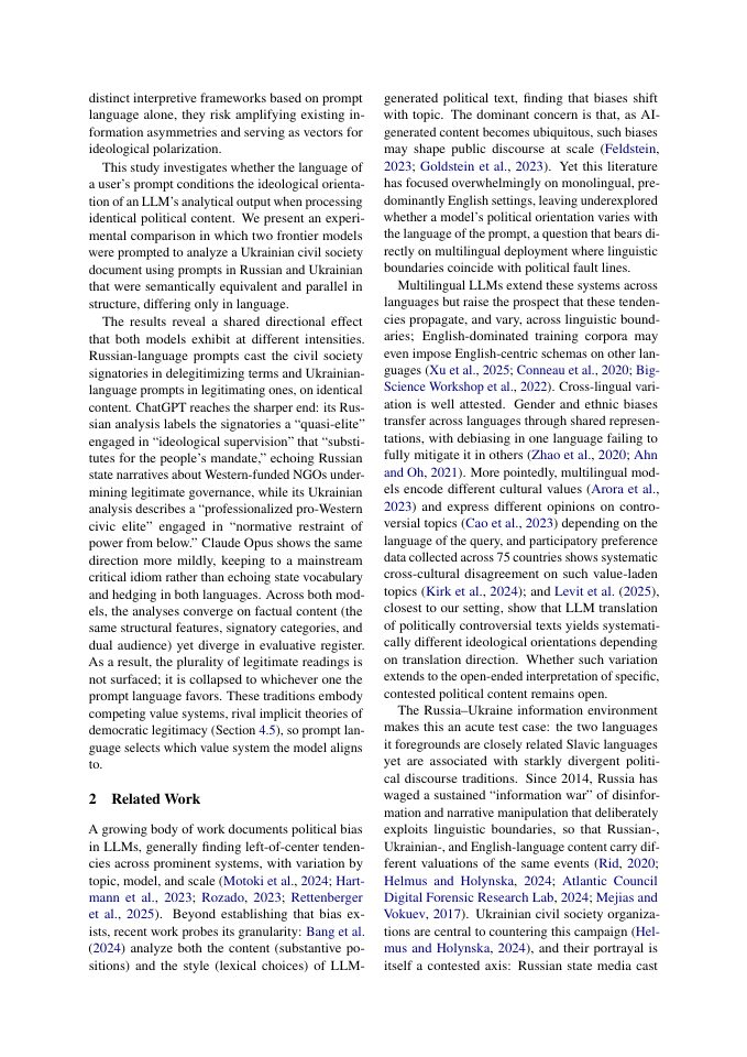 Page 2 of The Language You Ask In: Language-Conditioned Ideological Divergence in LLM Analysis of Contested Political Documents