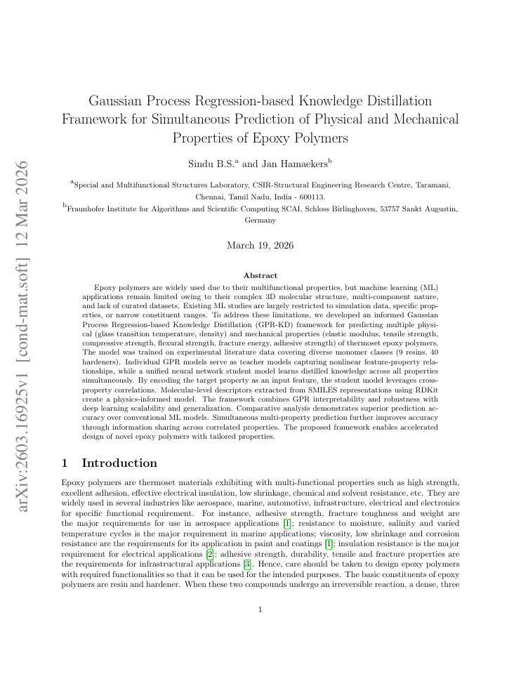 First page of Gaussian Process Regression-based Knowledge Distillation Framework for Simultaneous Prediction of Physical and Mechanical Properties of Epoxy Polymers