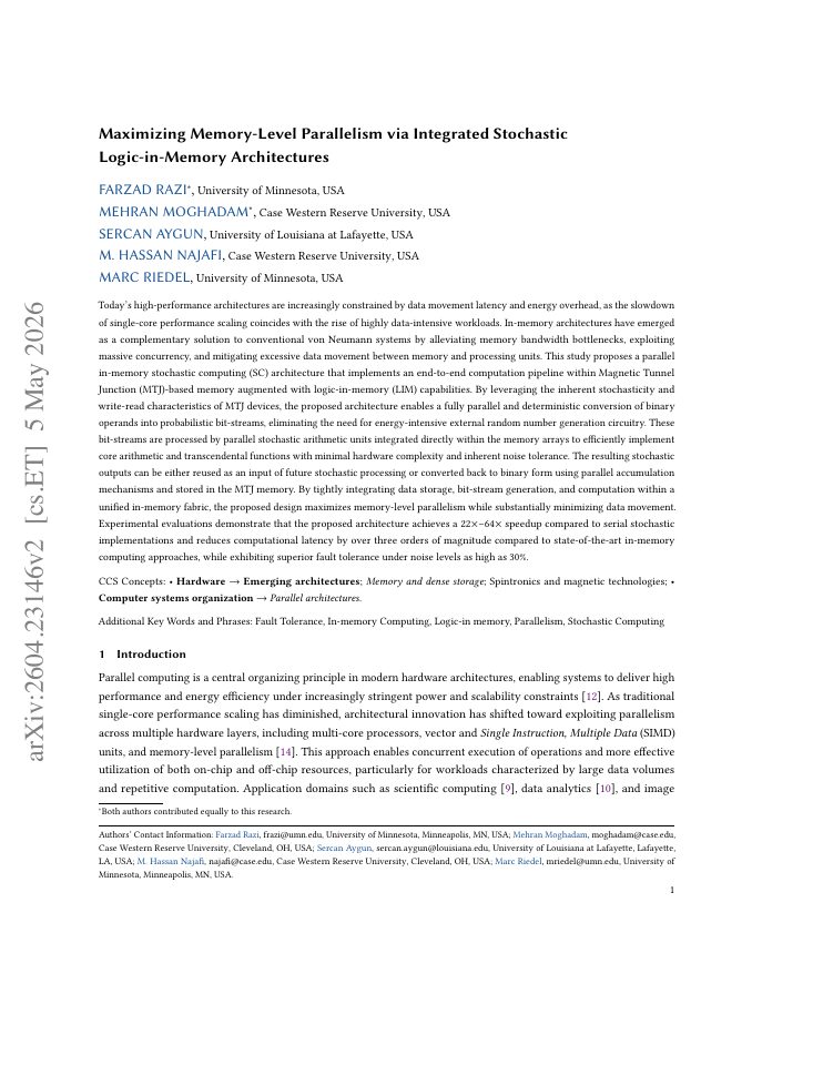 First page of Maximizing Memory-Level Parallelism via Integrated Stochastic Logic-in-Memory Architectures