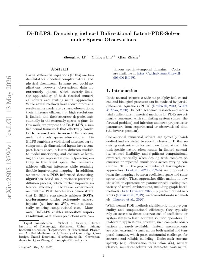 First page of Di-BiLPS: Denoising induced Bidirectional Latent-PDE-Solver under Sparse Observations