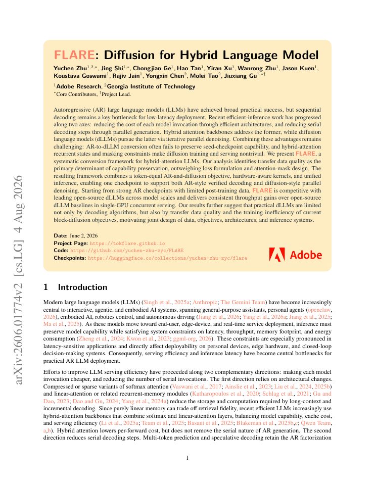 First page of FLARE: Diffusion for Hybrid Language Model
