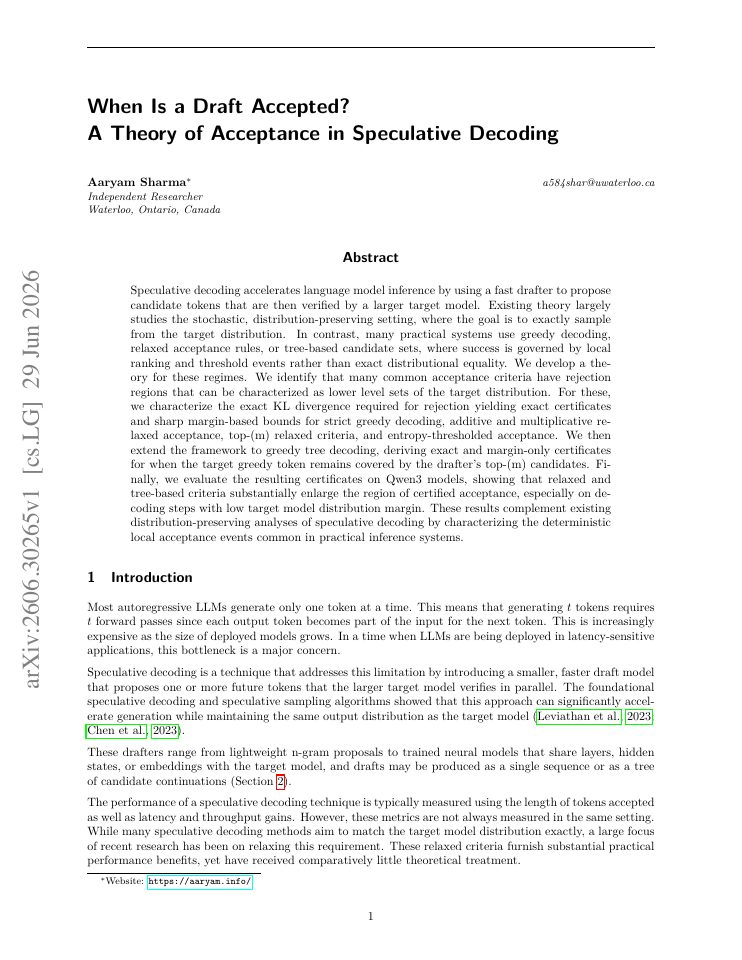 First page of When Is a Draft Accepted? A Theory of Acceptance in Speculative Decoding