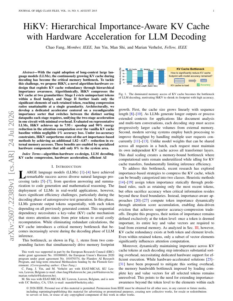 First page of HiKV: Hierarchical Importance-Aware KV Cache with Hardware Acceleration for LLM Decoding
