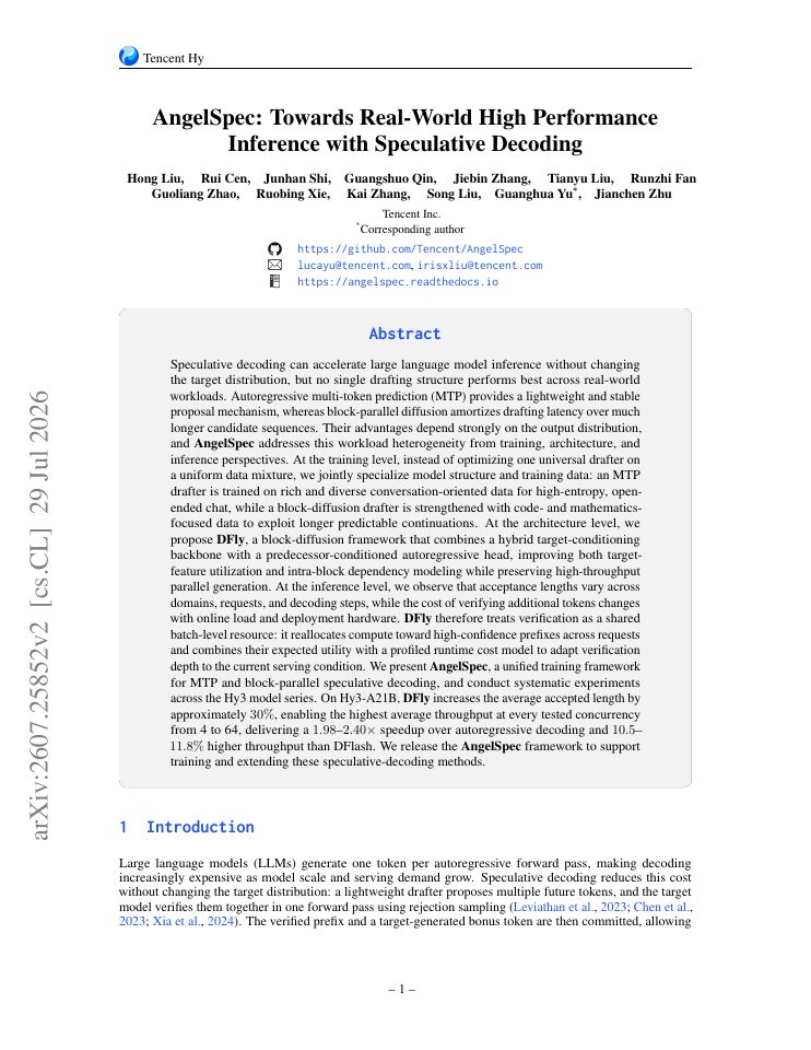 First page of AngelSpec: Towards Real-World High Performance Inference with Speculative Decoding