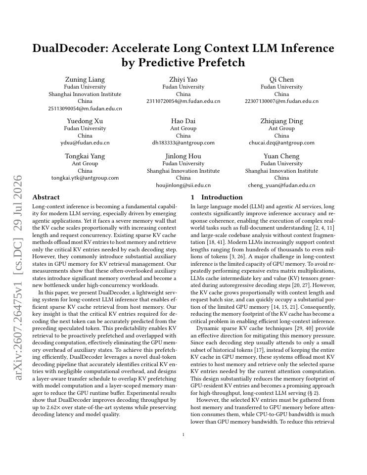 First page of DualDecoder: Accelerate Long Context LLM Inference by Predictive Prefetch