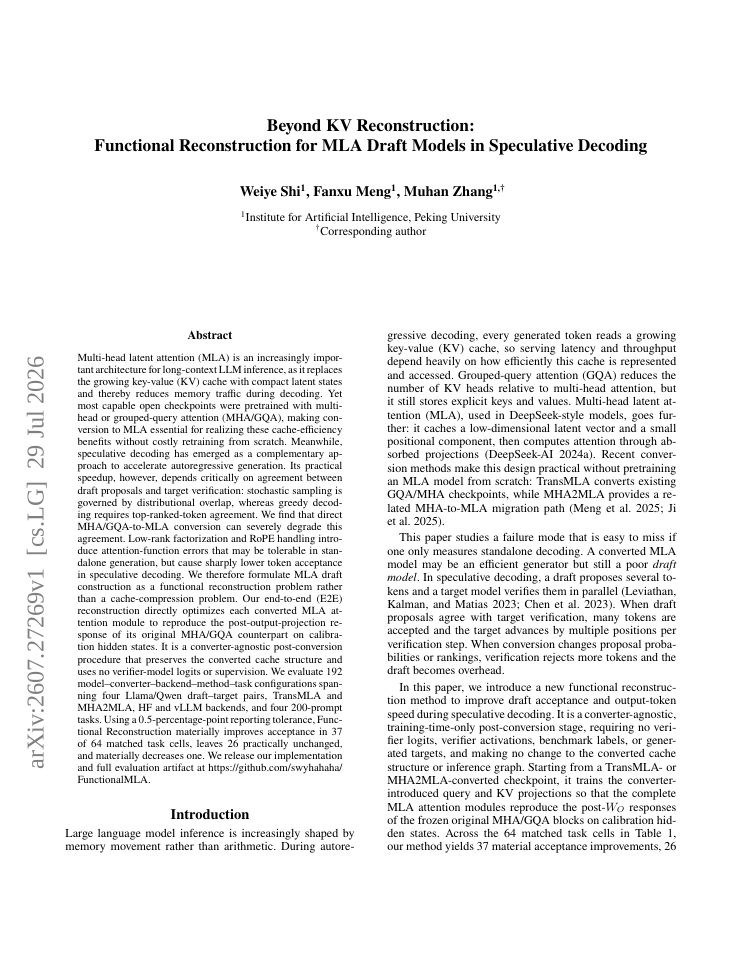 First page of Beyond KV Reconstruction: Functional Reconstruction for MLA Draft Models in Speculative Decoding