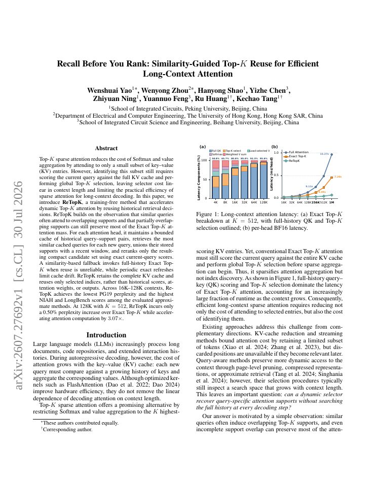 First page of Recall Before You Rank: Similarity-Guided Top-$K$ Reuse for Efficient Long-Context Attention