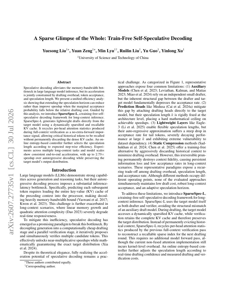 First page of A Sparse Glimpse of the Whole: Train-Free Self-Speculative Decoding