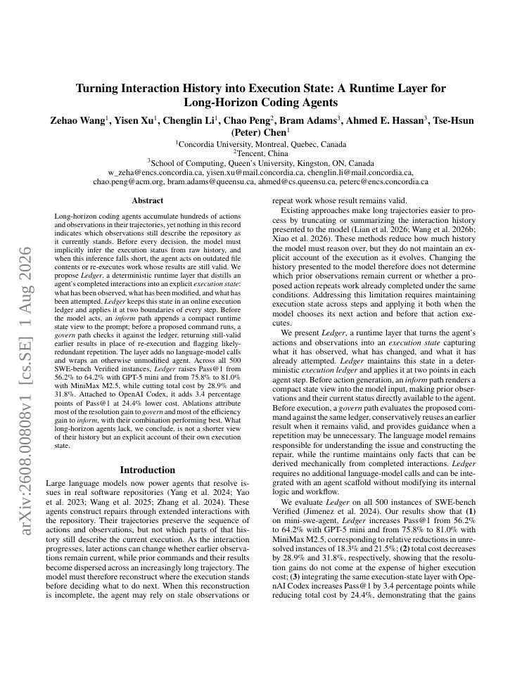 First page of Turning Interaction History into Execution State: A Runtime Layer for Long-Horizon Coding Agents
