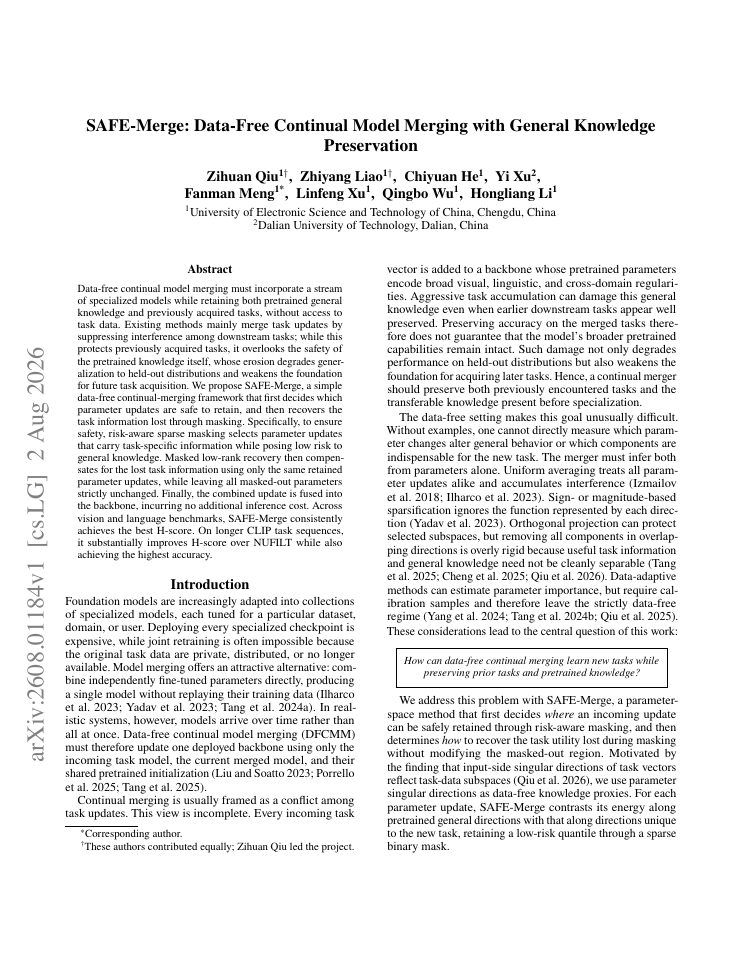 First page of SAFE-Merge: Data-Free Continual Model Merging with General Knowledge Preservation