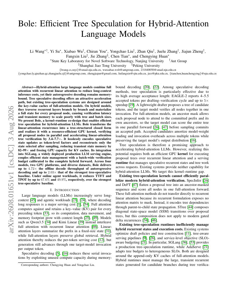 First page of Bole: Efficient Tree Speculation for Hybrid-Attention Language Models