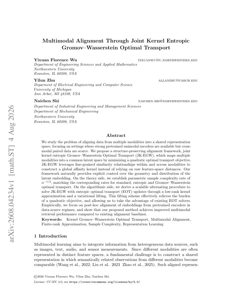 First page of Multimodal Alignment Through Joint Kernel Entropic Gromov--Wasserstein Optimal Transport