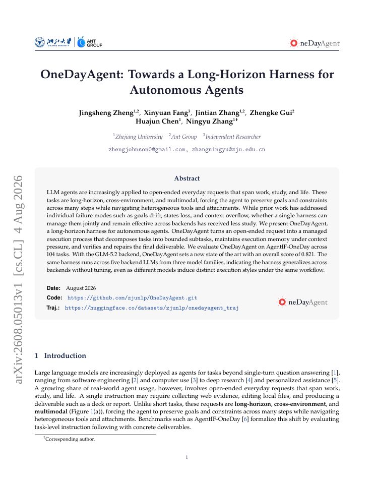 First page of OneDayAgent: Towards a Long-Horizon Harness for Autonomous Agents