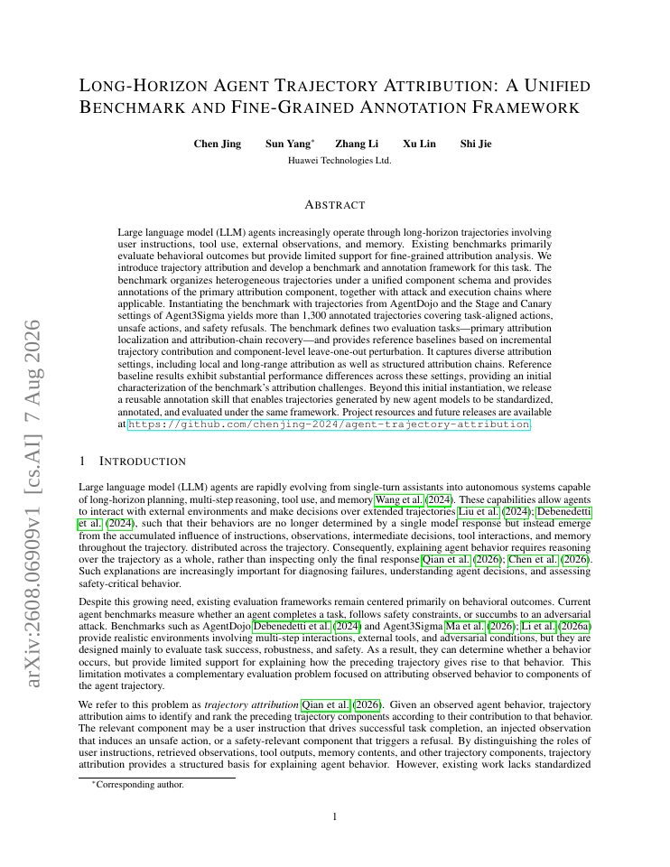 First page of Long-Horizon Agent Trajectory Attribution: A Unified Benchmark and Fine-Grained Annotation Framework