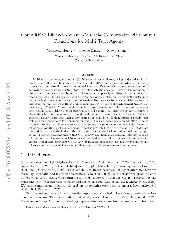First page of CommitKV: Lifecycle-Aware KV Cache Compression via Commit Transitions for Multi-Turn Agents