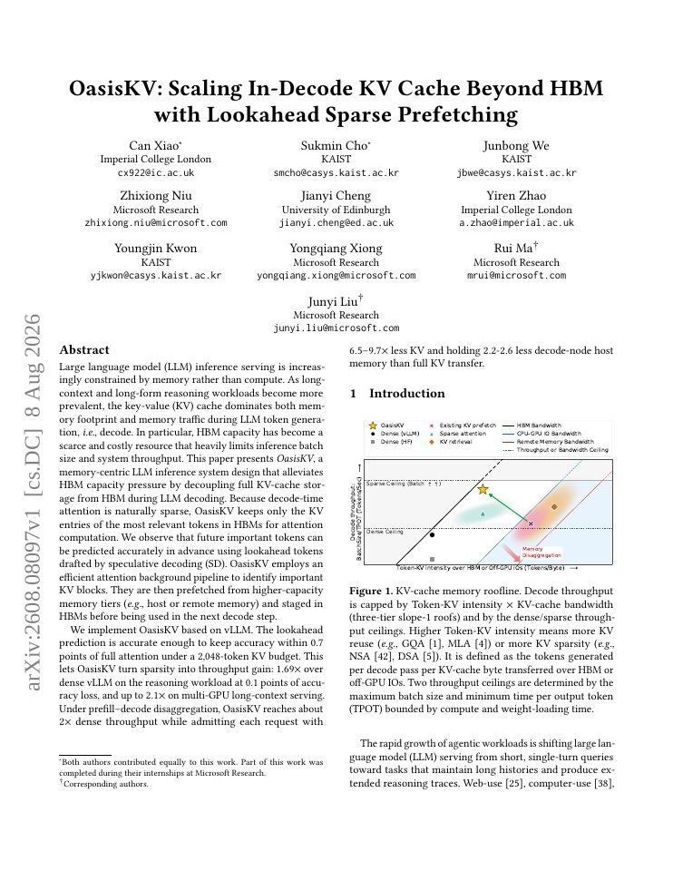 First page of OasisKV: Scaling In-Decode KV Cache Beyond HBM with Lookahead Sparse Prefetching