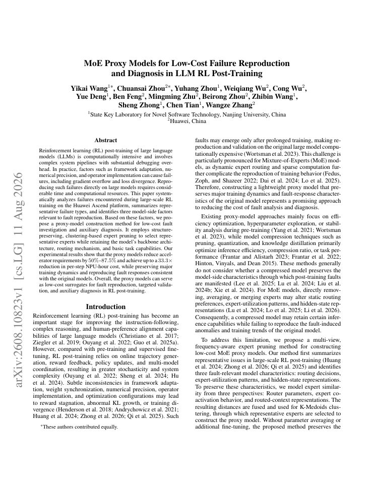First page of MoE Proxy Models for Low-Cost Failure Reproduction and Diagnosis in LLM RL Post-Training