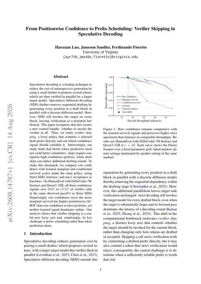 First page of From Positionwise Confidence to Prefix Scheduling: Verifier Skipping in Speculative Decoding
