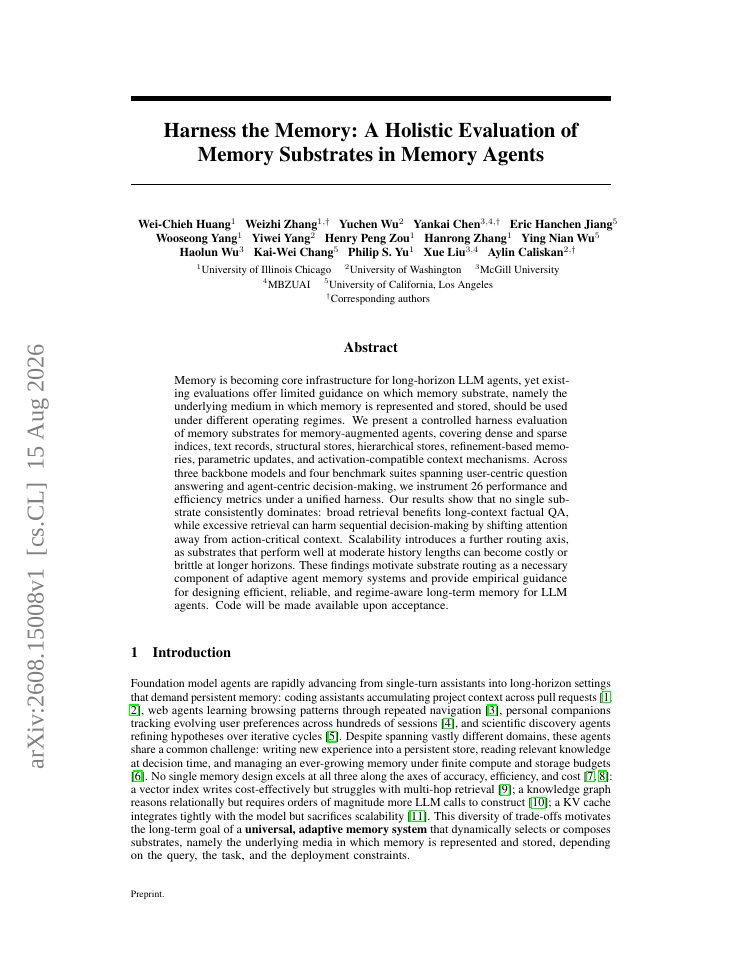 First page of Harness the Memory: A Holistic Evaluation of Memory Substrates in Memory Agents