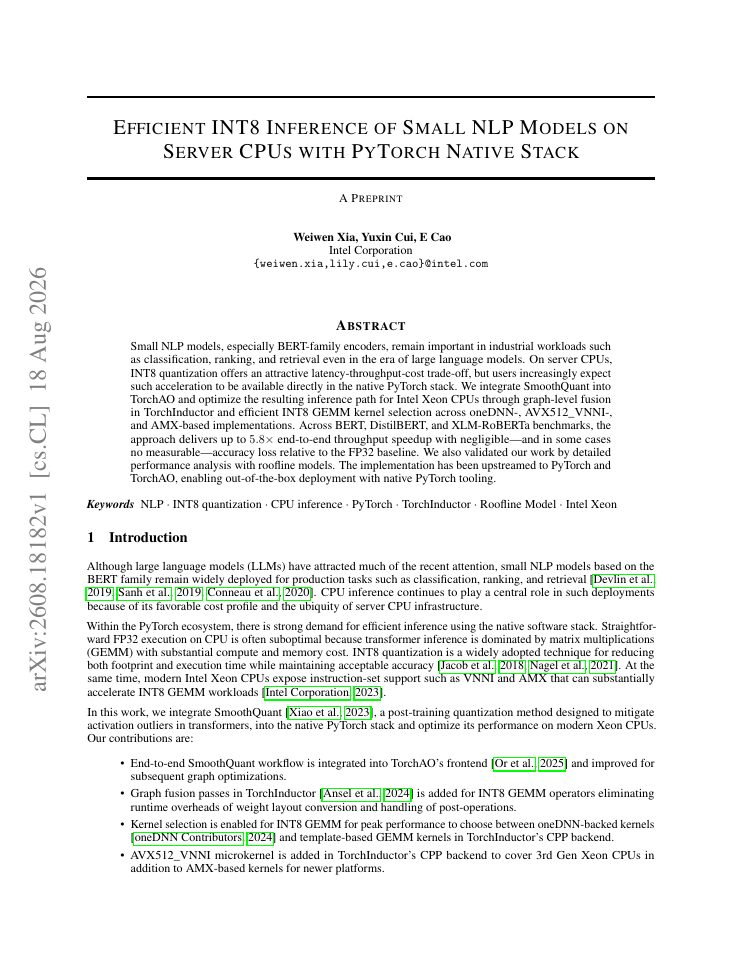 First page of Efficient INT8 Inference of Small NLP Models on Server CPUs with PyTorch Native Stack
