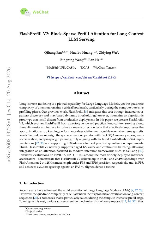 First page of FlashPrefill V2: Block-Sparse Prefill Attention for Long-Context LLM Serving