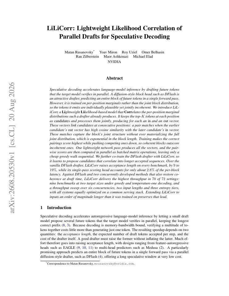 First page of LiLiCorr: Lightweight Likelihood Correlation of Parallel Drafts for Speculative Decoding