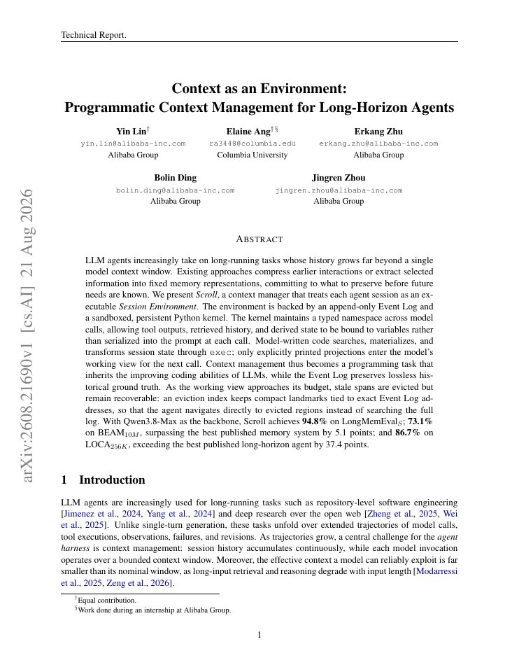 First page of Context as an Environment: Programmatic Context Management for Long-Horizon Agents