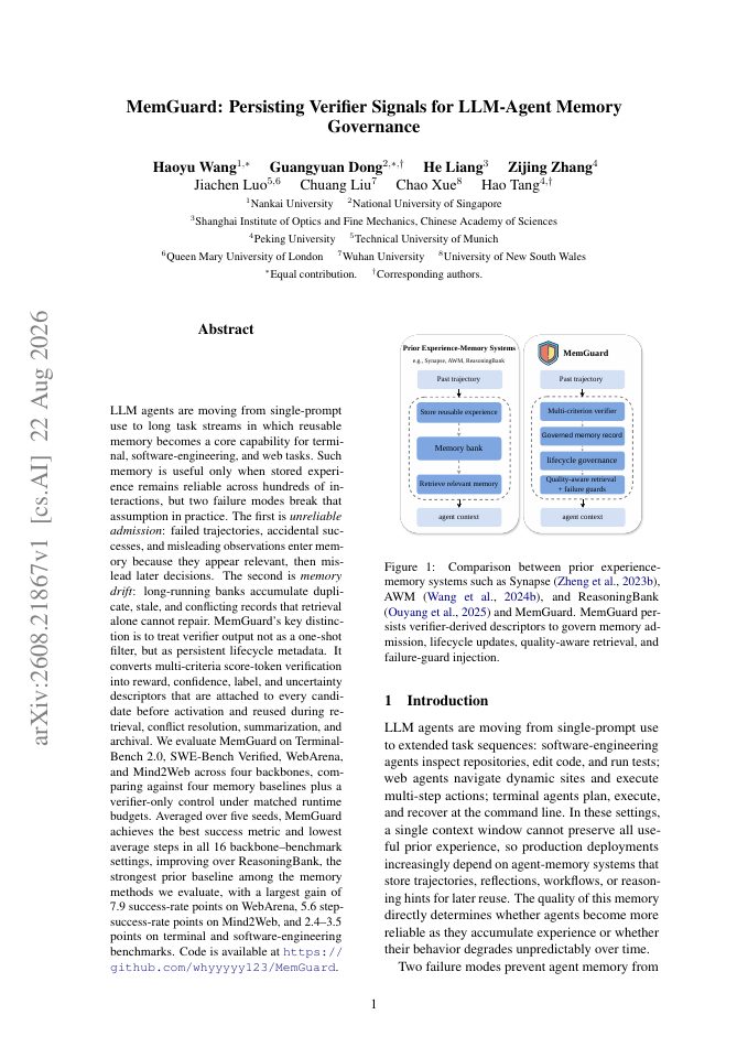 First page of MemGuard: Persisting Verifier Signals for LLM-Agent Memory Governance