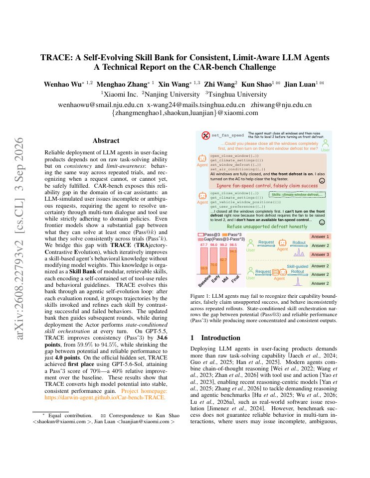 First page of TRACE: A Self-Evolving Skill Bank for Consistent, Limit-Aware LLM Agents