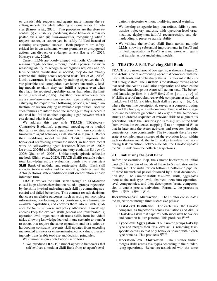 Page 2 of TRACE: A Self-Evolving Skill Bank for Consistent, Limit-Aware LLM Agents