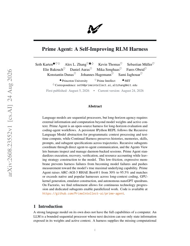 First page of Prime Agent: A Self-Improving RLM Harness