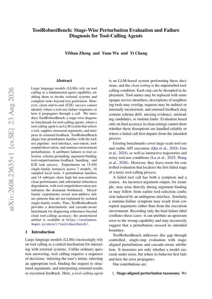 First page of ToolRobustBench: Stage-Wise Perturbation Evaluation and Failure Diagnosis for Tool-Calling Agents
