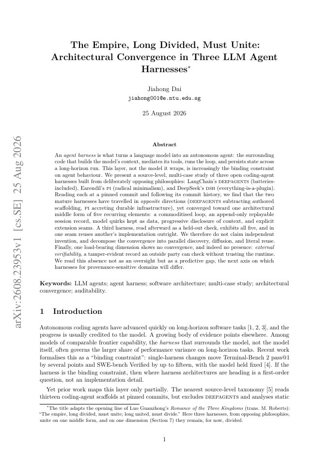 First page of The Empire, Long Divided, Must Unite: Architectural Convergence in Three LLM Agent Harnesses