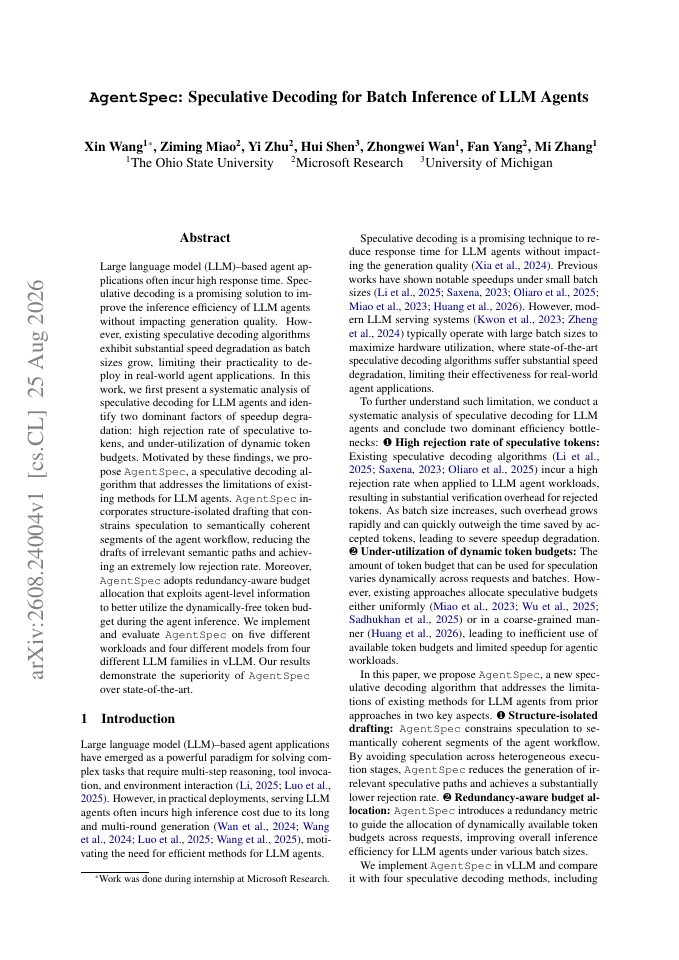 First page of AgentSpec: Speculative Decoding for Batch Inference of LLM Agents