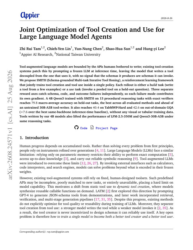 First page of Joint Optimization of Tool Creation and Use for Large Language Model Agents