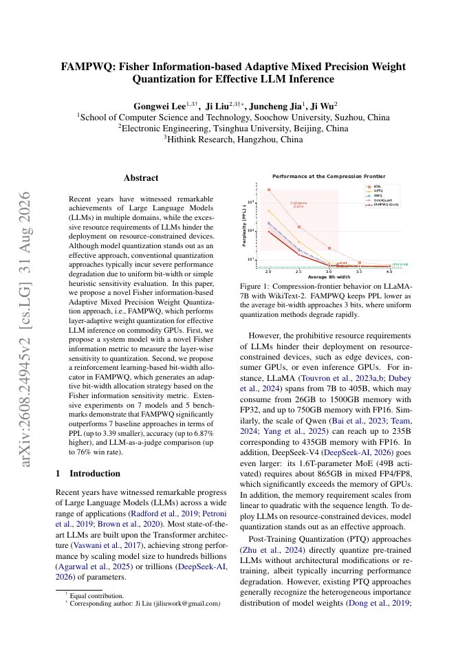 First page of FAMPWQ: Fisher Information-based Adaptive Mixed Precision Weight Quantization for Effective LLM Inference