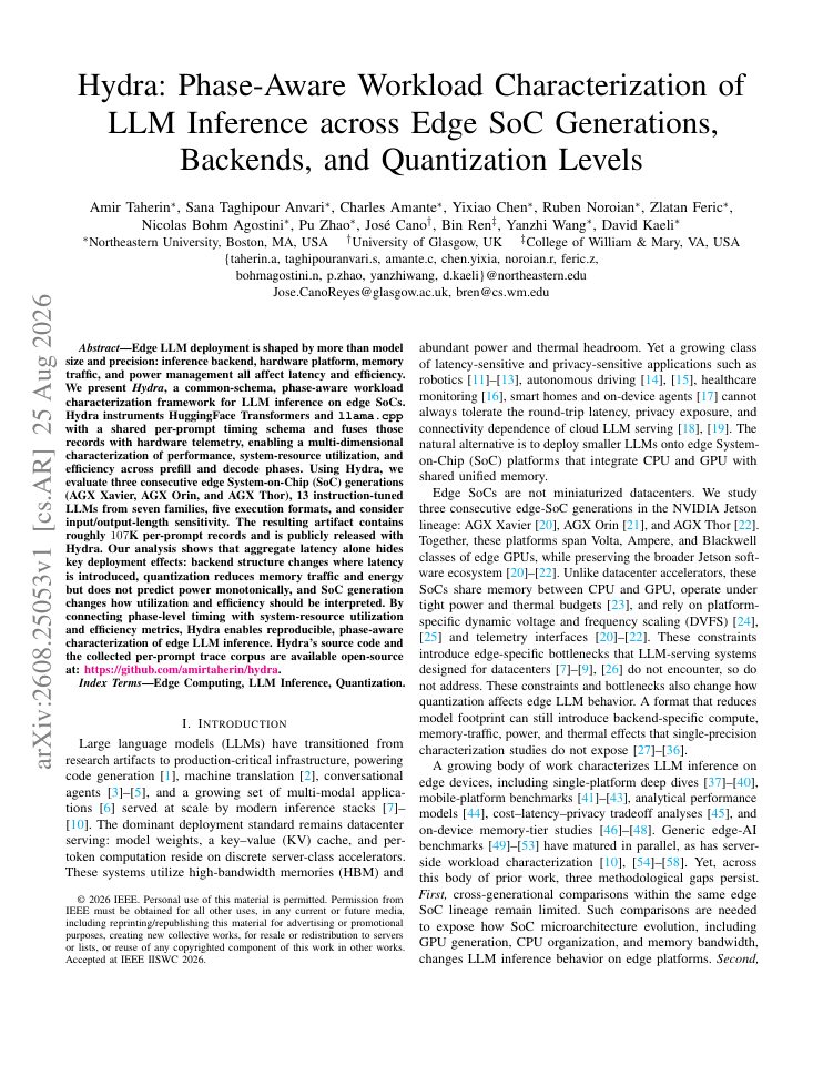 First page of Hydra: Phase-Aware Workload Characterization of LLM Inference across Edge SoC Generations, Backends, and Quantization Levels