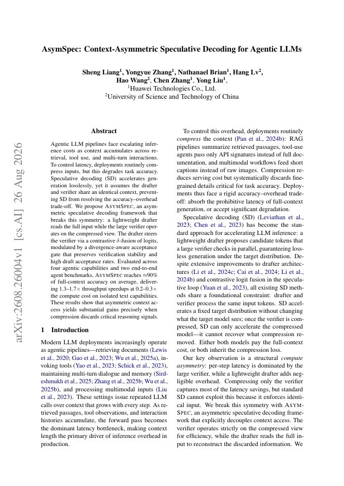 First page of AsymSpec: Context-Asymmetric Speculative Decoding for Agentic LLMs
