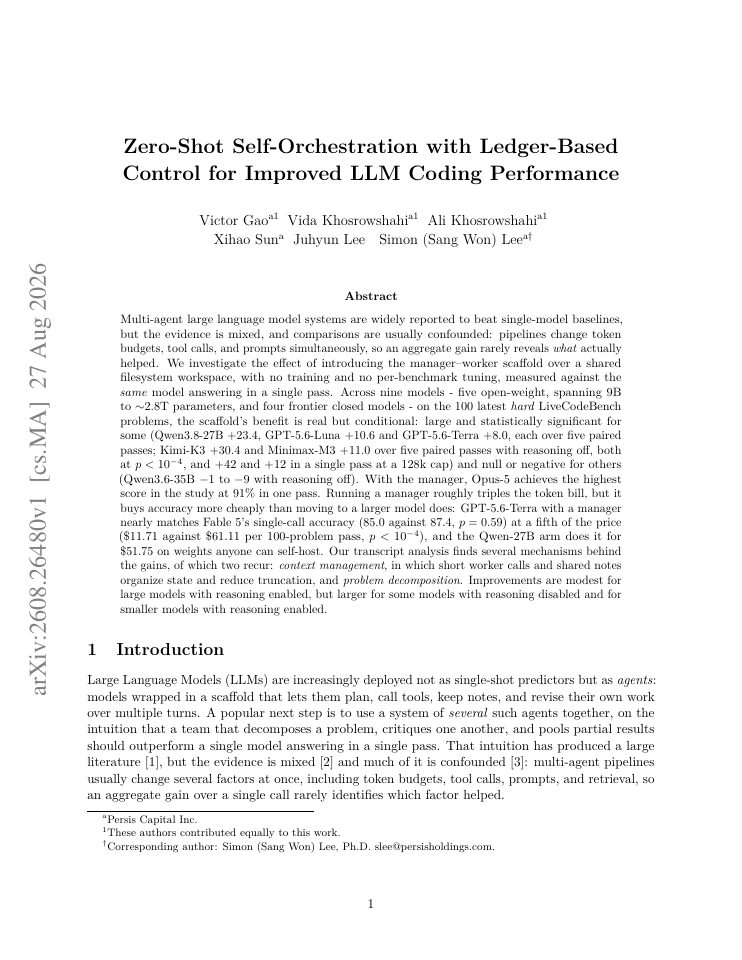 First page of Zero-Shot Self-Orchestration with Ledger-Based Control for Improved LLM Coding Performance
