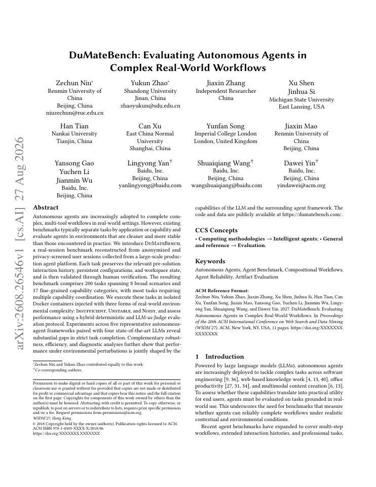 First page of DuMateBench: Evaluating Autonomous Agents in Complex Real-World Workflows