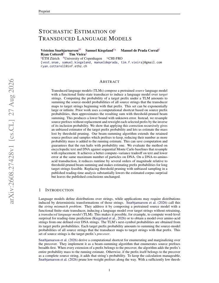 First page of Stochastic Estimation of Transduced Language Models
