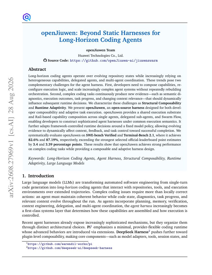First page of openJiuwen: Beyond Static Harnesses for Long-Horizon Coding Agents