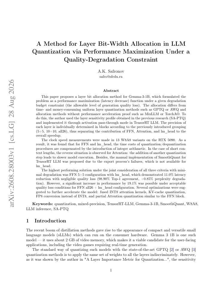 First page of A Method for Layer Bit-Width Allocation in LLM Quantization via Performance Maximization Under a Quality-Degradation Constraint
