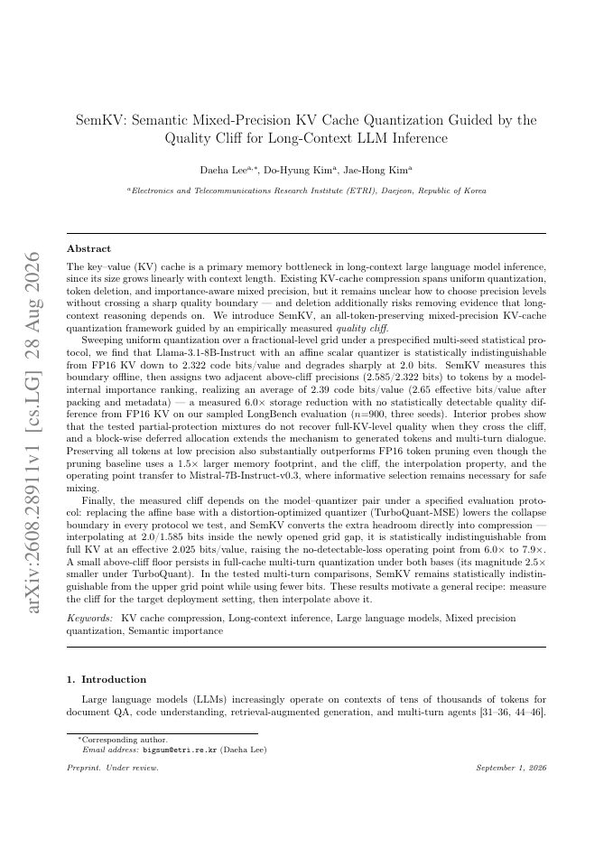 First page of SemKV: Semantic Mixed-Precision KV Cache Quantization Guided by the Quality Cliff for Long-Context LLM Inference