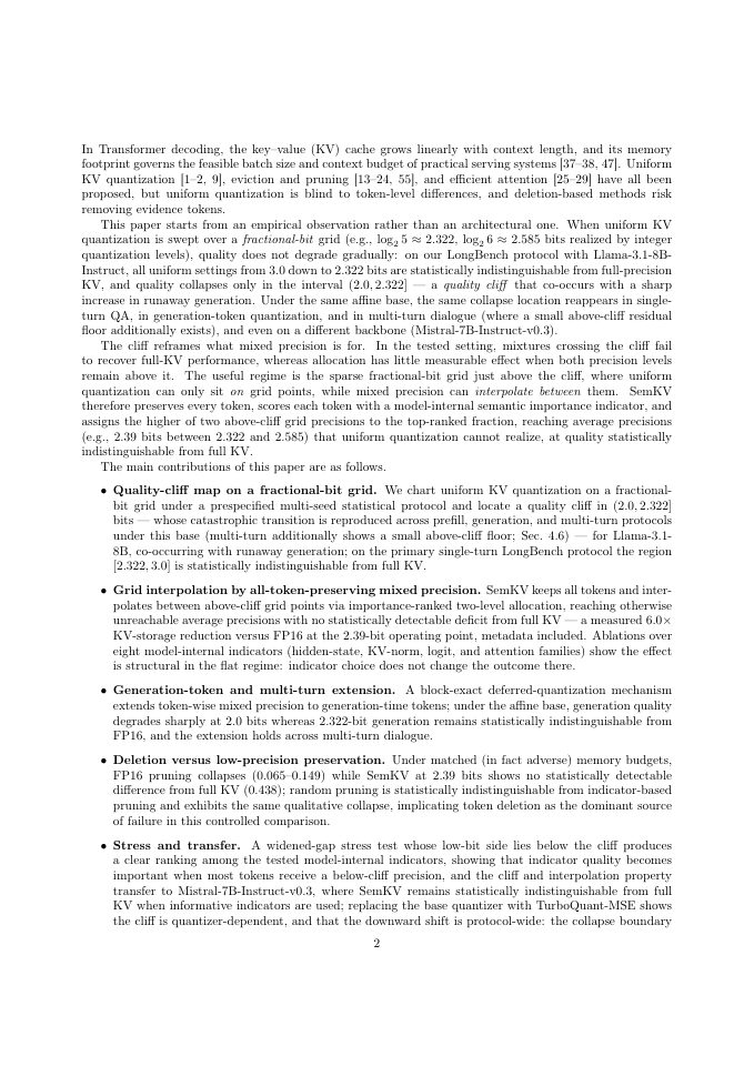 Page 2 of SemKV: Semantic Mixed-Precision KV Cache Quantization Guided by the Quality Cliff for Long-Context LLM Inference