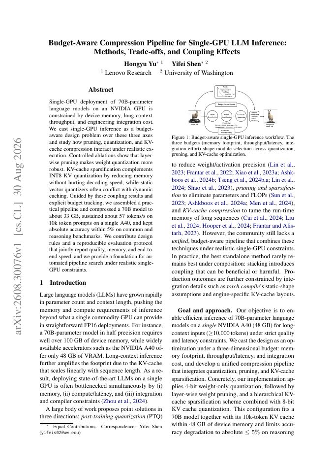 First page of Budget-Aware Compression Pipeline for Single-GPU LLM Inference: Methods, Trade-offs, and Coupling Effects