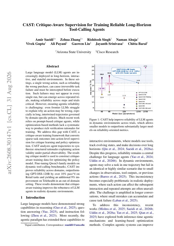 First page of CAST: Critique-Aware Supervision for Training Reliable Long-Horizon Tool-Calling Agents