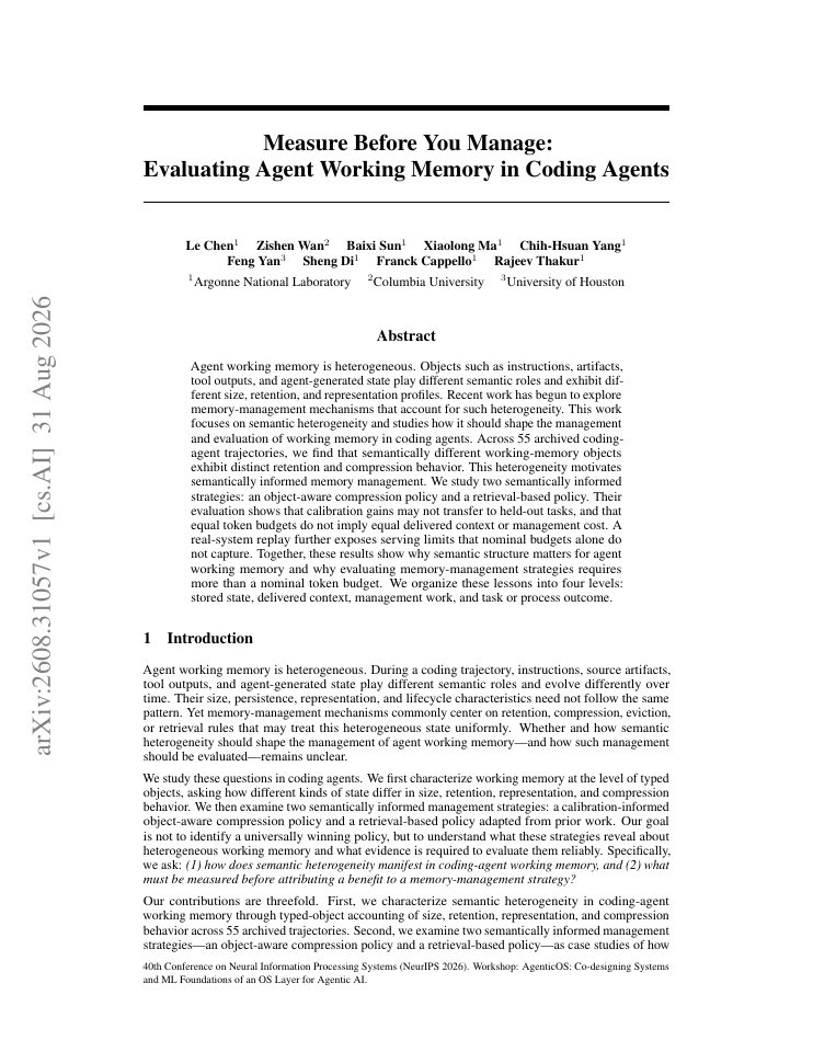 First page of Measure Before You Manage: Evaluating Agent Working Memory in Coding Agents